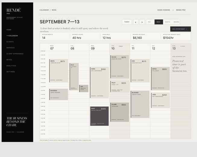 Rendé Pro calendar showing the week’s appointments and availability.